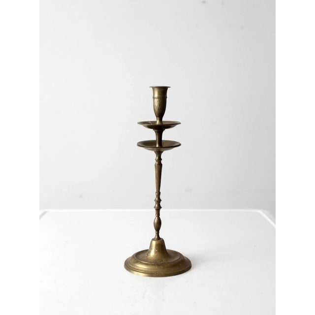 Vintage Etched Brass Candlestick Holder For Sale - Image 9 of 10