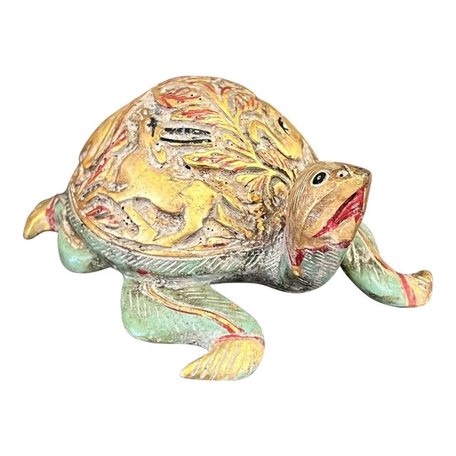 Vintage Hand Carved and Hand Painted Wooden Turtle Figurine For Sale
