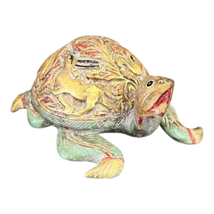 Vintage Hand Carved and Hand Painted Wooden Turtle Figurine