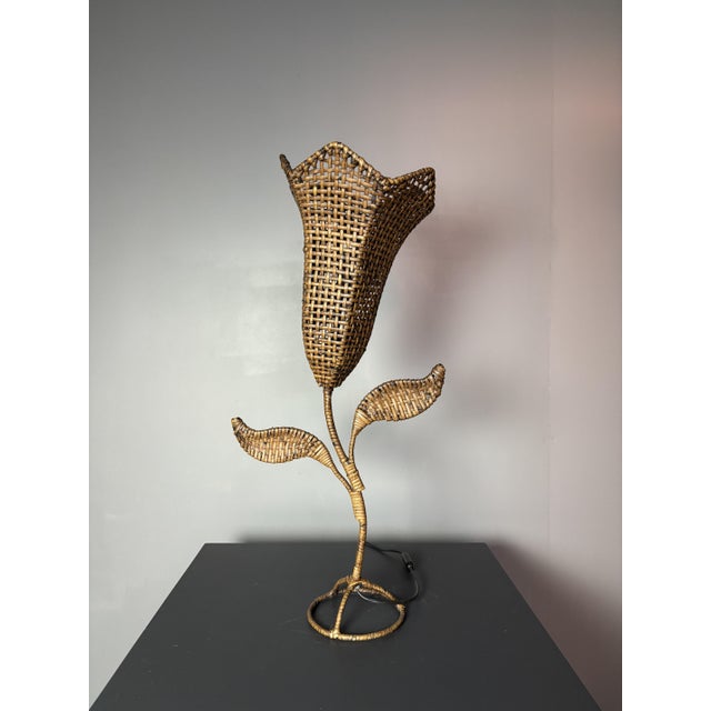 Large Mid-Century French Rattan Wicker Flower Tulip Table Lamp, 1960s For Sale - Image 12 of 16