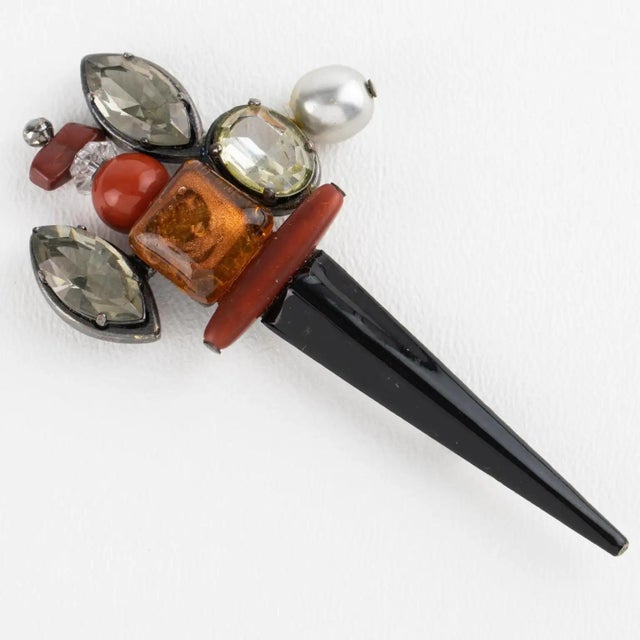 Black Antigona Paris Black Enamel Metal Jeweled Barrette Brooch For Sale - Image 8 of 10