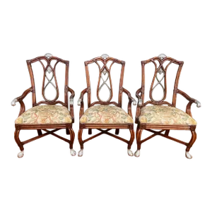 1990s Reupholstered Century Furniture Bamboo & Rattan Ball in Claw Arms Chairs - Set of 3
