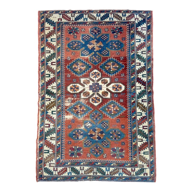 Tri-Medallion Antique Caucasian Kazak Rug 3.2 x 5.5 For Sale