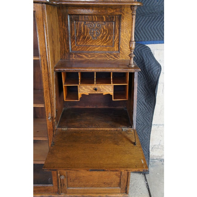 Antique Quartersawn Oak Side by Side Secretary Desk Bookcase Curio Cabinet For Sale - Image 11 of 13