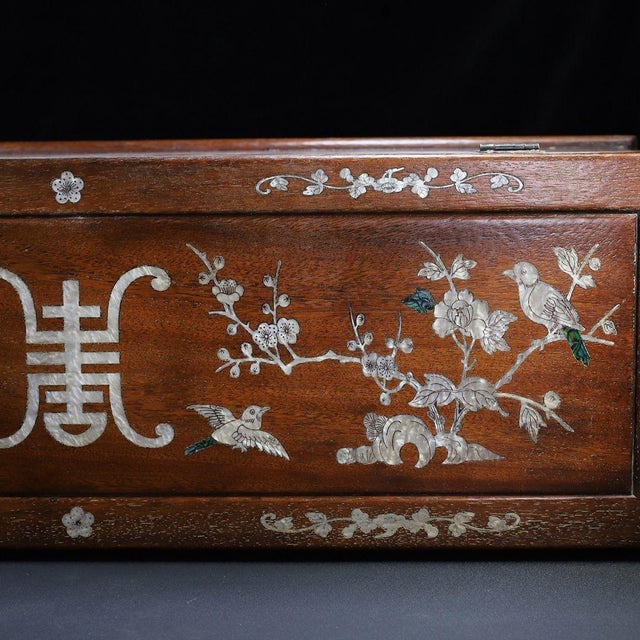 Chinese Vintage Chinese Huali Rosewood Scroll Box | Mother-of-Pearl Inlaid Long Chest With Brass Mounts For Sale - Image 3 of 9
