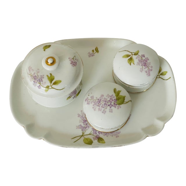 Antique Limoges France Porcelain Ladies Vanity Set With Lilacs - 4 Piece Set For Sale