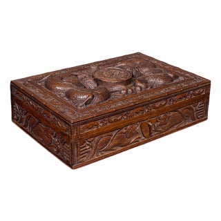 Vintage Carved Cigar Box, Oriental, Teak, Keepsake, Jewellery Case, Art Deco For Sale