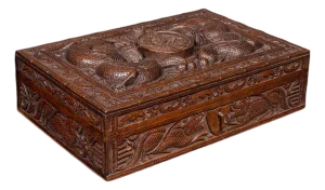 Vintage Carved Cigar Box, Oriental, Teak, Keepsake, Jewellery Case, Art Deco