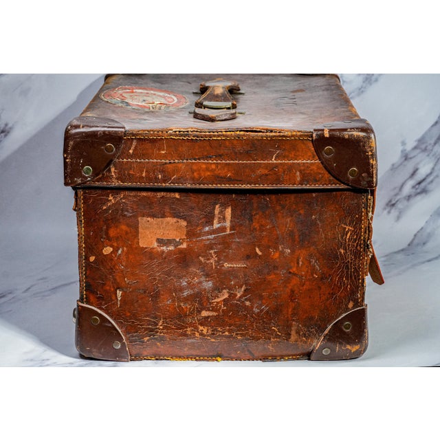 Timeworn Antique English Leather Cunard Label Case Box Home Decor Prop Storage For Sale - Image 13 of 17