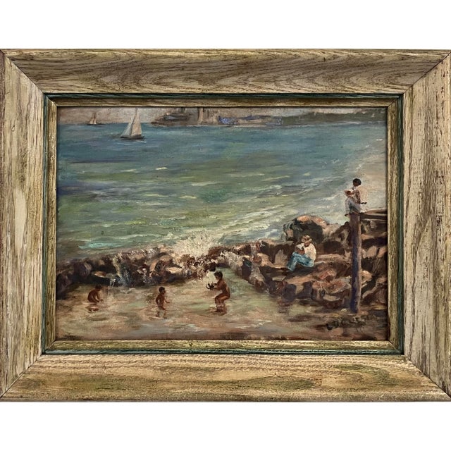 Vintage Coastal Seascape Oil Painting – Children Playing by the Shore-Locueso For Sale