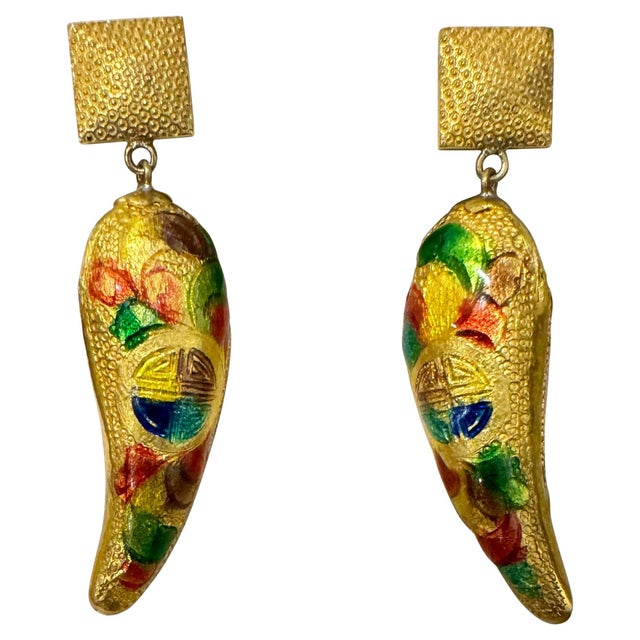 Vintage Enemel 14 Kt Yellow Gold 10.4 Gm Dangling Earrings, 1.6 Inch Long For Sale - Image 15 of 18