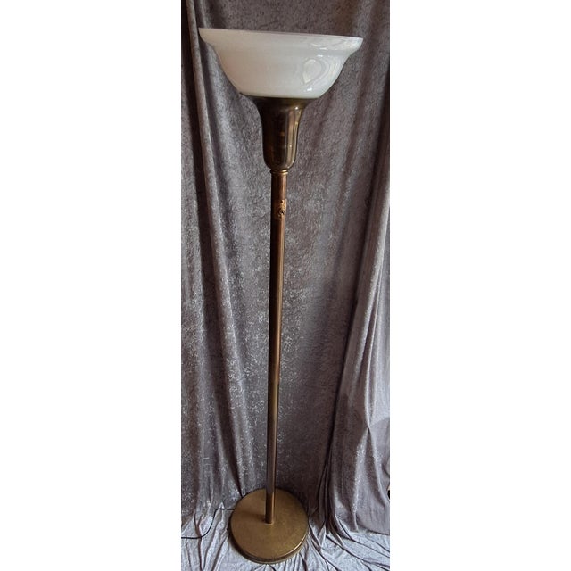 Art Deco German Floor Lamp with Brass Base and White Glass Shade, 1920s For Sale - Image 4 of 11
