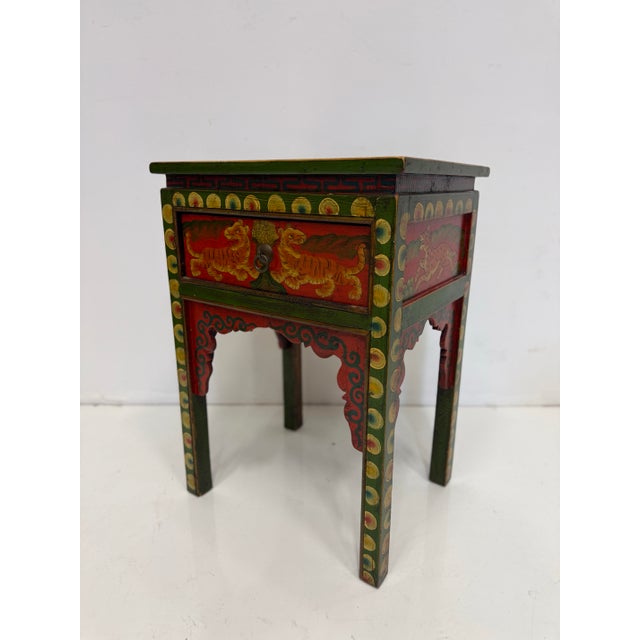 Folk Art Vintage Hand Painted Tibetan Side Table For Sale - Image 3 of 9