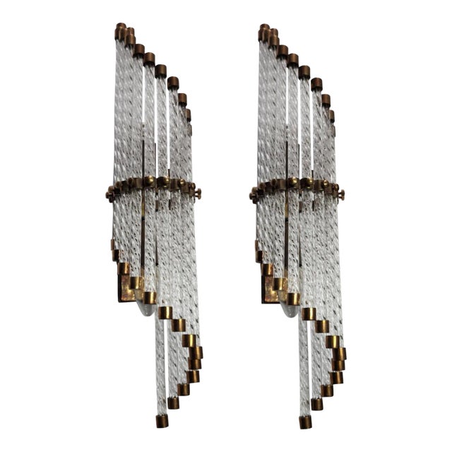 Pair Vintage Art Deco Skyscraper Wall Sconces Fixture in Brass & Ribbed Glass Rod Ship Light For Sale