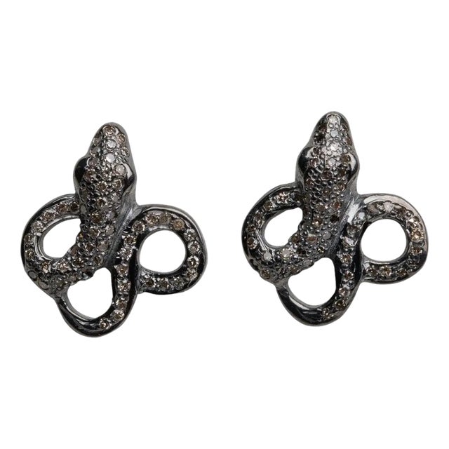 Pave Set Diamond and Sterling Silver Snake Post Earrings For Sale