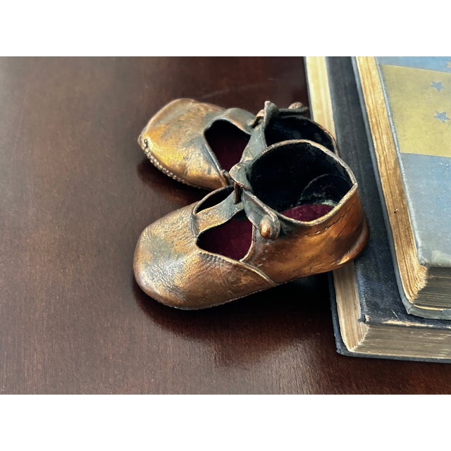 Vintage Pair Mid Century Modern Copper Plated Baby Shoes Nursery Decor For Sale - Image 13 of 14