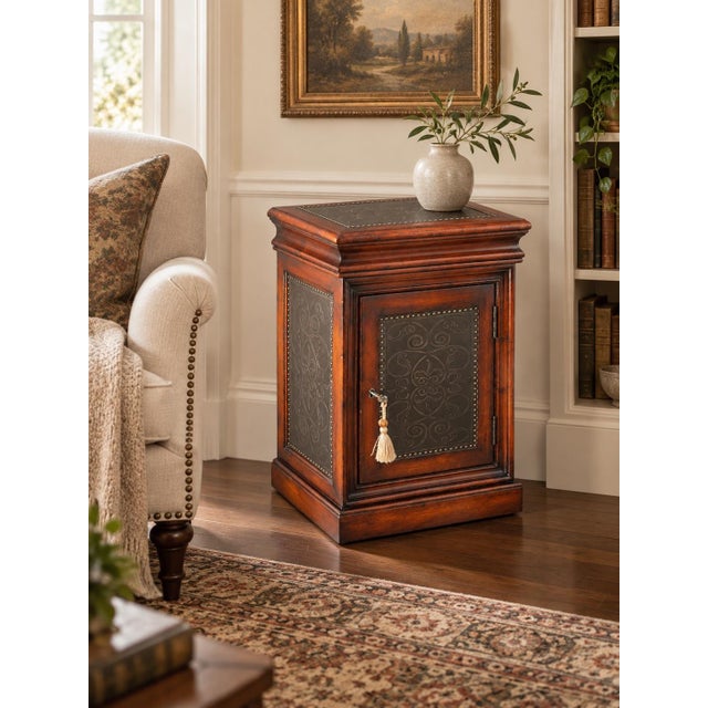 Vintage Solid Wood Locking Accent Cabinet With Engraved Metal Panels For Sale In Los Angeles - Image 6 of 6