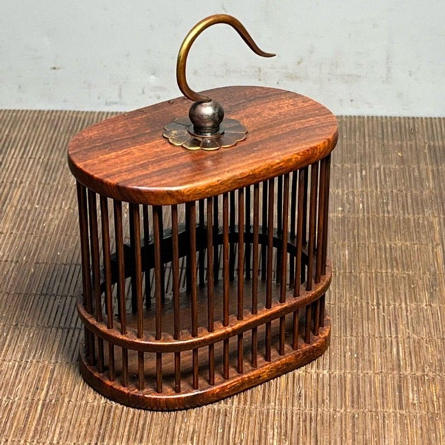 Brown Vintage Rosewood Cricket Cage | Small Oval Hanging Box | Asian Chinoiserie Decor For Sale - Image 8 of 9