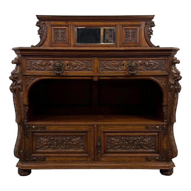 19th Century English Pollard Oak Sideboard with Bevelled Mirror For Sale