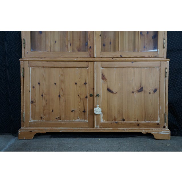 Late 20th Century Rare English Knotty Pine Shallow Glazed Glass China Display Cabinet Cupboard 95" For Sale - Image 4 of 18