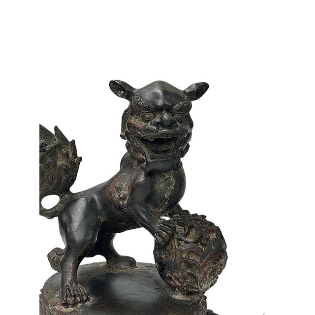 Oxblood Red Pair Vintage Rustic Metal Fengshui Foo Dog Lion Drum Base Art Figures For Sale - Image 8 of 10