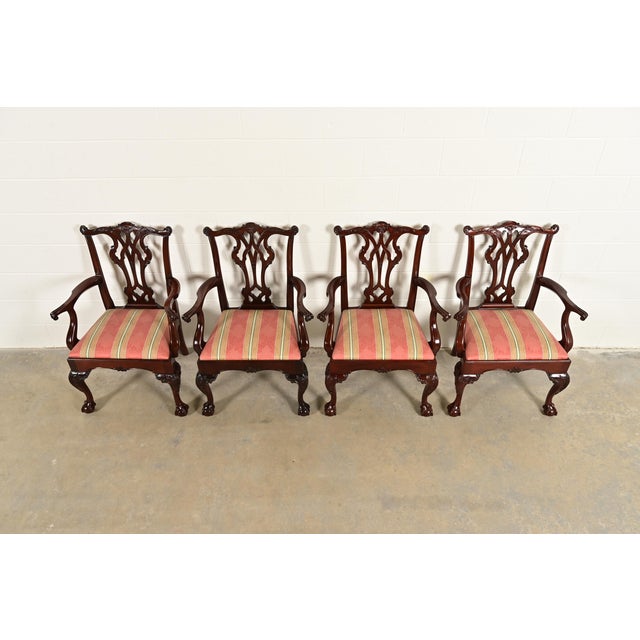 1980s Kindel Furniture Chippendale Carved Mahogany Dining Arm Chairs, Set of Four For Sale - Image 5 of 12