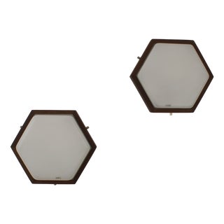 Hexagonal Teak Wall Lights by Harvey Guzzini, 1960s, Set of 2 For Sale