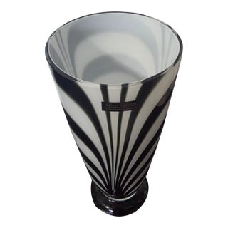 Vintage Polish Studio Art Glass Zebra Feathered Pedestal Vase For Sale