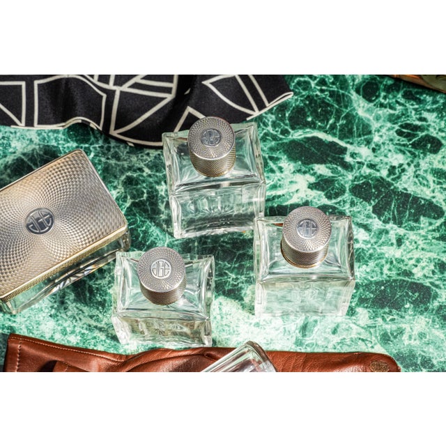 Stunning Engine Turned Antique French Sterling Silver Crystal Vanity Dresser Set Cologne Bottle Box Home Decor For Sale - Image 4 of 16