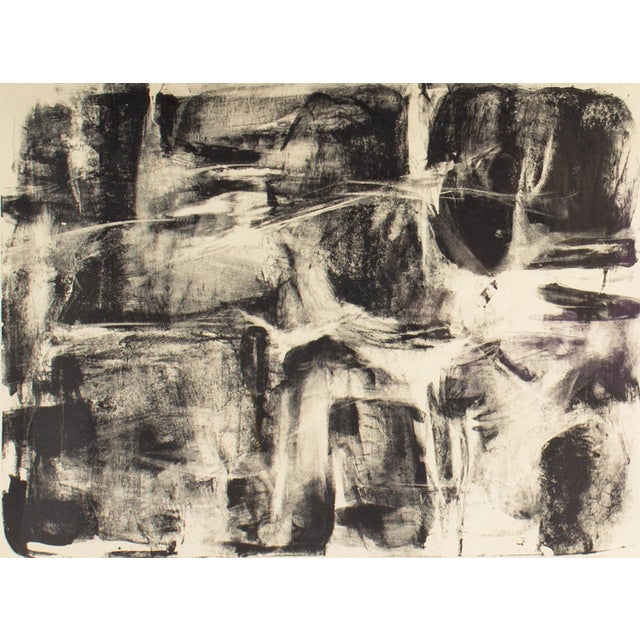 An abstract lithograph print by the American artist Joan Farrar. This piece features an organic composition in black...
