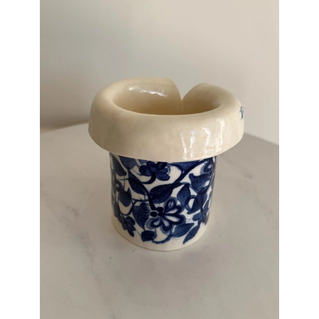 Signed Studio Pottery Figural Jacket Vase – Blue & White Floral Ceramic Sculpture – Artisan Vessel For Sale In New York - Image 6 of 10