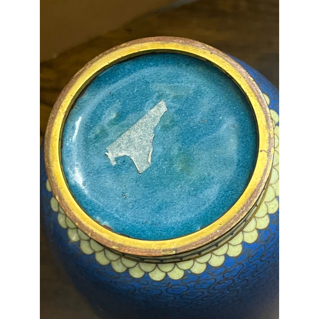 Blue Vintage Chinese Blue Cloisonné Enamel Vase With Morning Glory Flowers, 10 Inches For Sale - Image 8 of 8