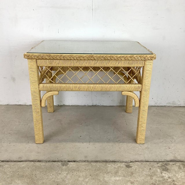 Mid 20th Century Bohemian Modern Henry Link Style Wicker and Glass Top Side Table For Sale - Image 5 of 13