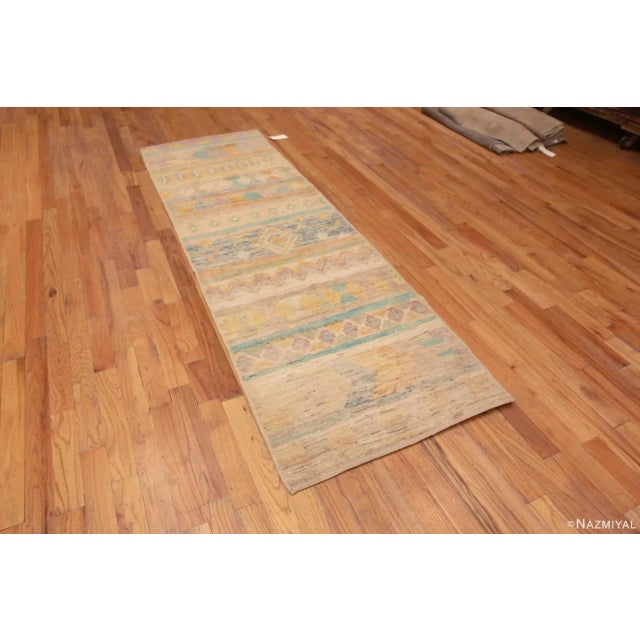 A Rustic Happy Colorful Tribal Primitive Geometric Design Modern Hallway Runner Rug, Country of Origin: Central Asia,...