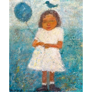 Girl With Blue Balloon 2005 Large Statement Piece Oil Painting by Zaza Khabuliani, Original, Signed For Sale