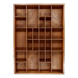 Vintage Wood Veneer Curio Display Shelf, Type Case Style Wall Shelf, 24-Compartment Shadow Box For Sale