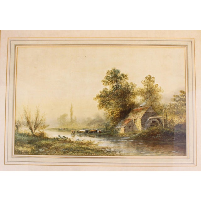 Late 19th century signed A. Vincent watercolor, English. Cows by a river with a stone mill building with gushing water...