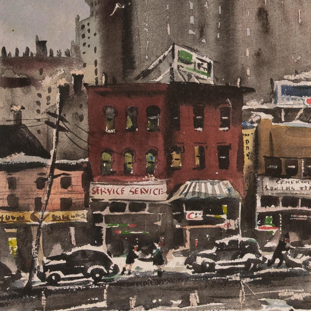 Gray 'Winter in the City' by James Carlin, Mid-Century Urban Landscape Featuring 1930s Scaffold Sky Sign, American Modern Realism For Sale - Image 8 of 9