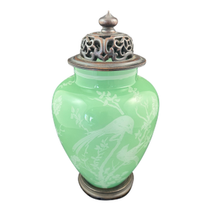 Steuben Jade Green Over Alabaster Glass Vase No. 5000 Featuring Exotic Birds Perched on Flowering Garden Branches.