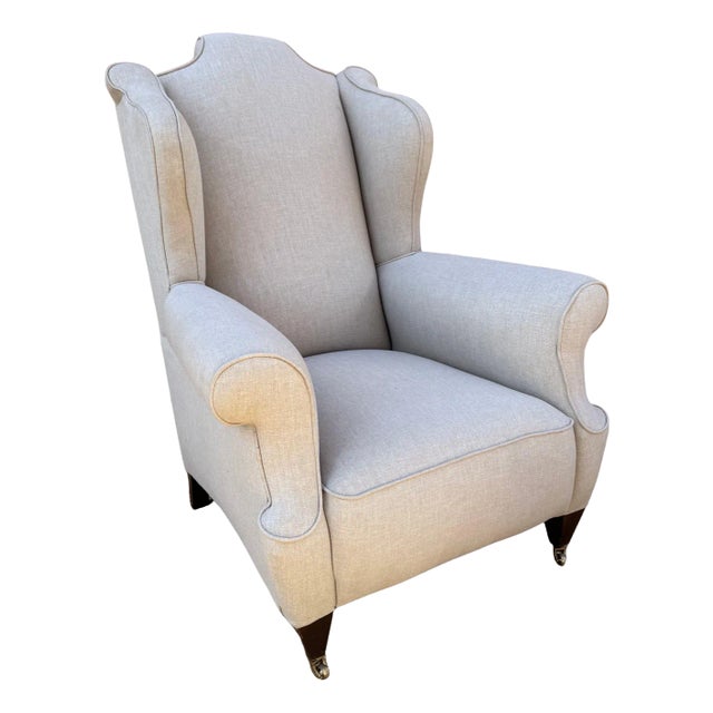 19th Century English Winged Scroll Back Armchair in New Linen For Sale