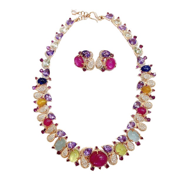 Bochic “Capri” Ruby Sapphire Amethyst Aquamarine & Peridot Necklace & Earrings - 3 Pieces For Sale