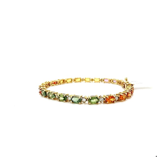 8.83 Carat Multi-Color Sapphire Diamond Yellow Gold Tennis Bracelet For Sale In Los Angeles - Image 6 of 8