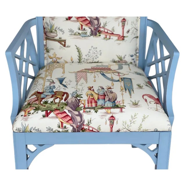 1980s Pair Newly Upholstered Blue Chinese Chippendale Chairs in Schumacher Tientsin Toile For Sale - Image 10 of 17