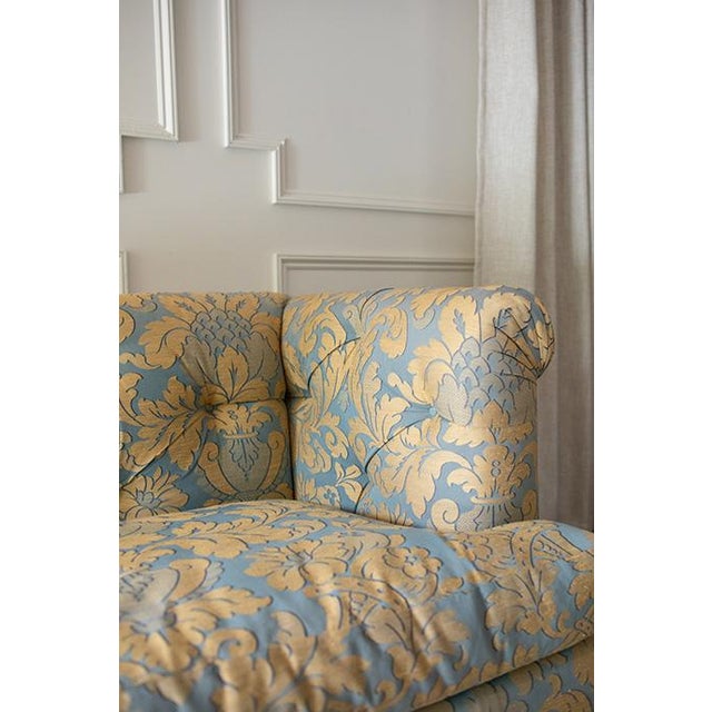 Vintage Damask Traditional Tufted Rolled-Arm Sofa With Fringe Skirt For Sale - Image 11 of 18