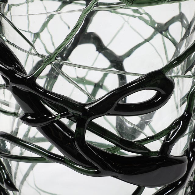 Hand-Blown Murano Glass Vases With Organic Viridian Green Sculptural Striations For Sale - Image 9 of 12