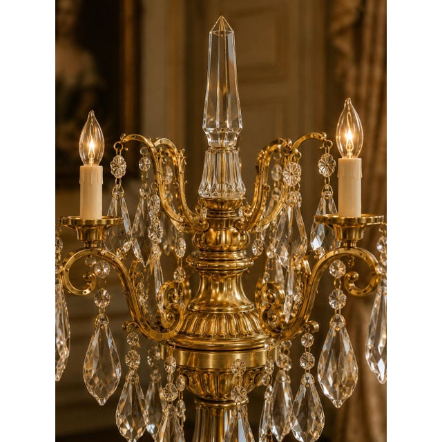 1990 French Louis XVI Gold Bronze Crystal Candelabra Table Lamp For Sale - Image 12 of 16