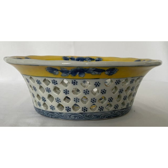 Ceramic Vintage Blue and Yellow Reticulated Basket Bowl For Sale - Image 7 of 7