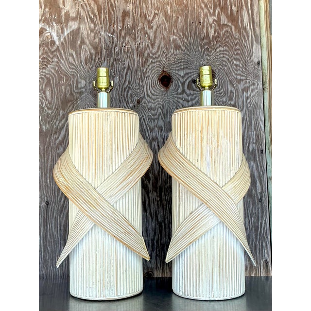 Vintage Coastal Washed Pencil Reed Lamps - a Pair For Sale - Image 9 of 9