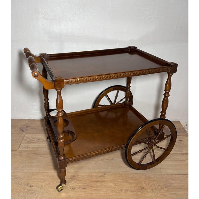 Spanish Mid-Century Wooden Bar Cart with Turned Legs and Bottle Holder For Sale - Image 6 of 12
