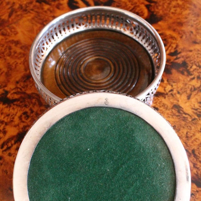 Wood Pair of English Silver Plate Fretwork Wine Bottle Coasters For Sale - Image 7 of 11